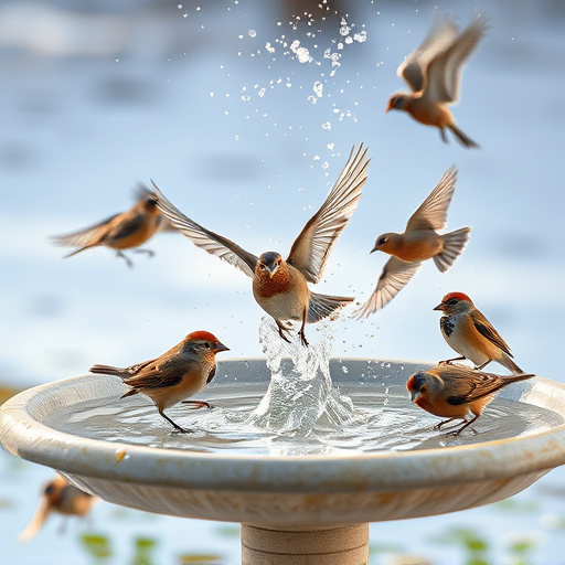 Bird bath with splashing sparrows mid-flight