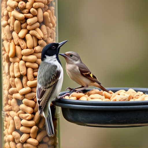 Bird eating peanuts from feeder