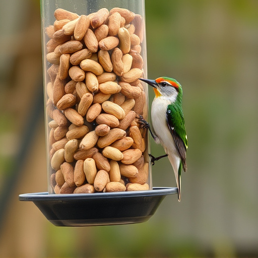 Bird feeder filled with peanuts outdoors