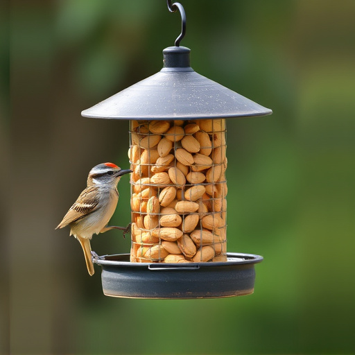 Bird feeder filled with peanuts outdoors