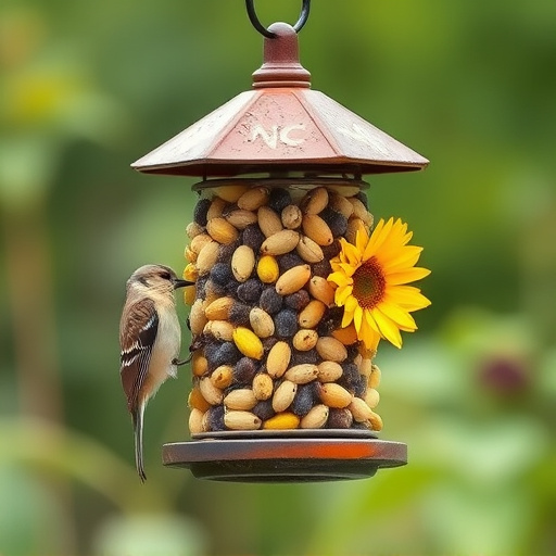 Bird feeder filled with sunflower hearts