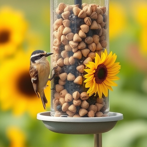 Bird feeder filled with sunflower hearts