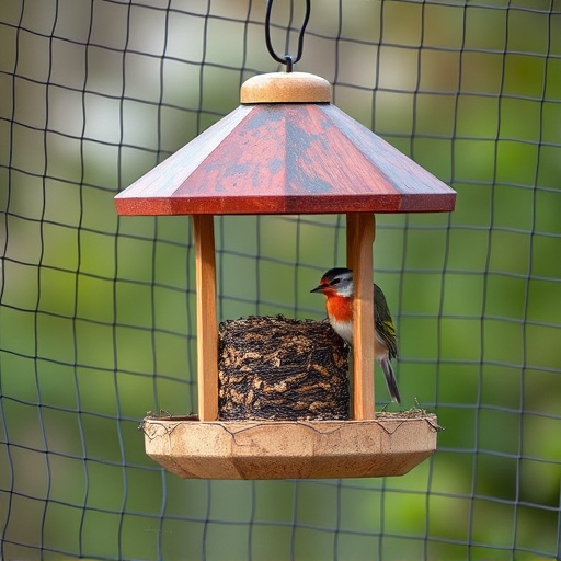 Bird feeder surrounded by wire mesh