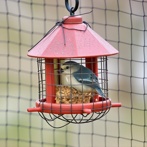 Bird feeder surrounded by wire mesh