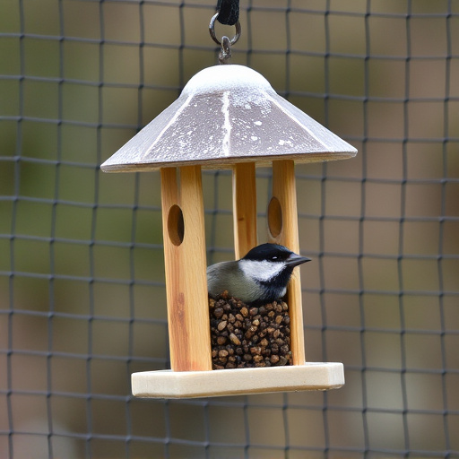 Bird feeder surrounded by wire mesh