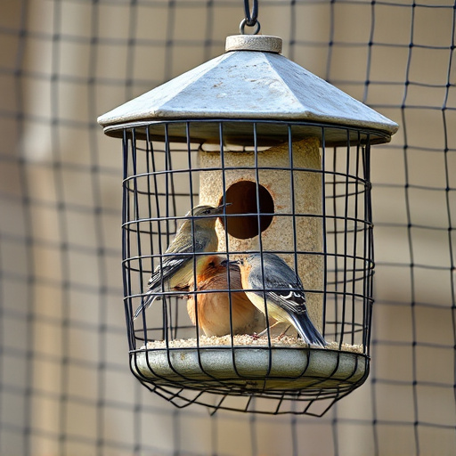 Bird feeder surrounded by wire mesh