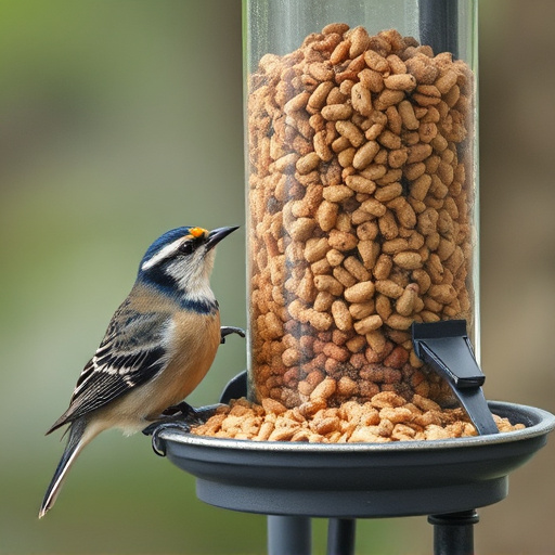 Bird feeding station stocked with suet pellets