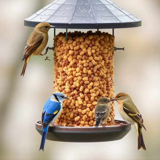 Bird feeding station stocked with suet pellets