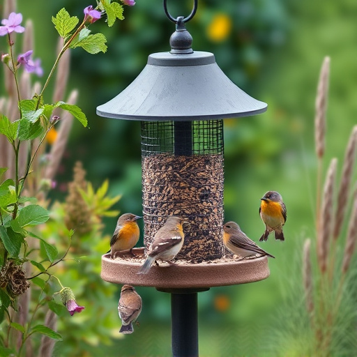 Bird feeding station surrounded by greenery