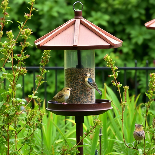 Bird feeding station surrounded by greenery