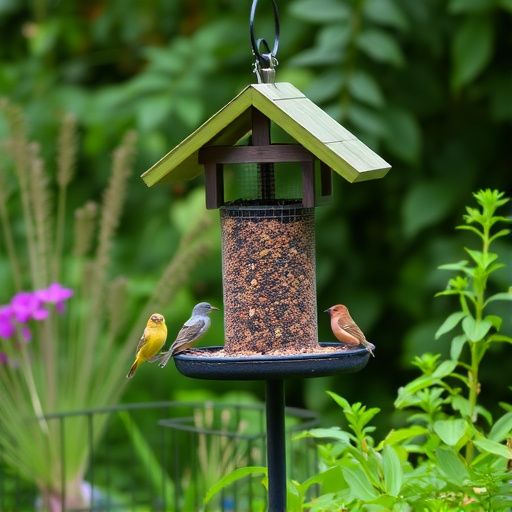 Bird feeding station surrounded by greenery