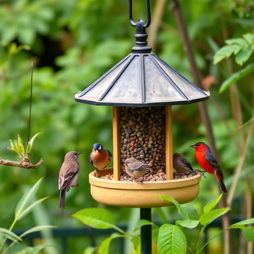 Bird feeding station surrounded by greenery