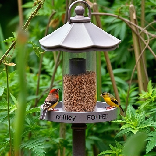 Bird feeding station surrounded by greenery