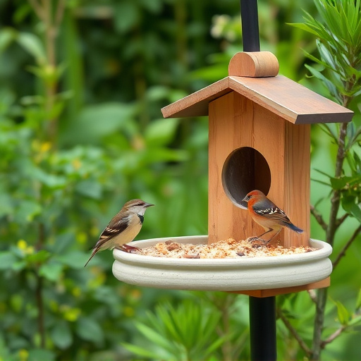 Bird feeding station surrounded by greenery