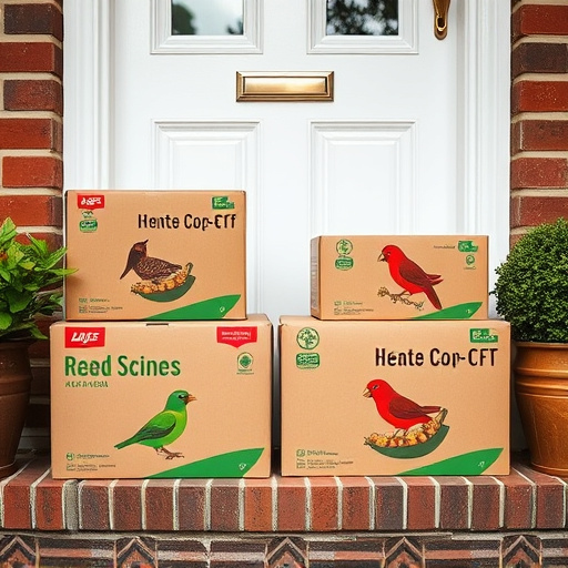 Bird food delivery boxes on doorstep