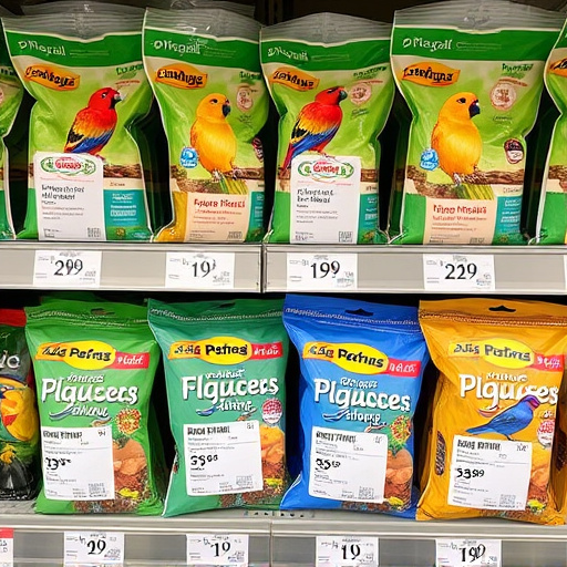 Bird food packets with price labels