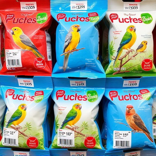 Bird food packets with price labels