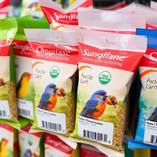 Bird food packets with price labels