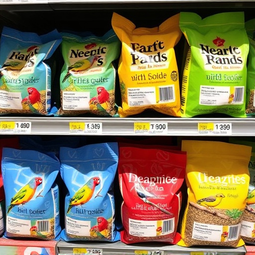 Bird food packets with price labels