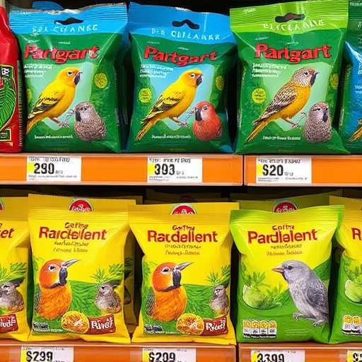 Bird food packets with price labels