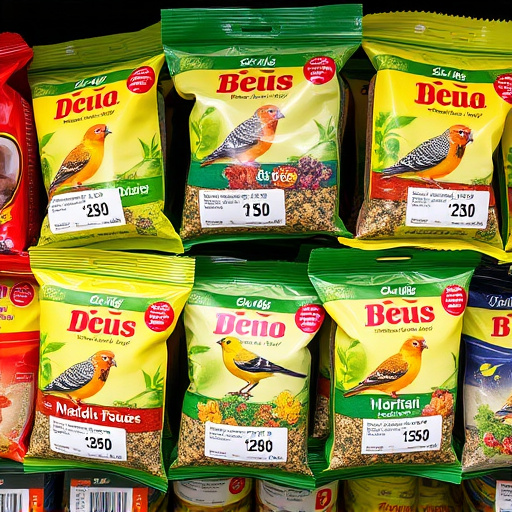 Bird food packets with price labels