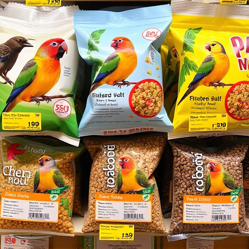 Bird food packets with price labels