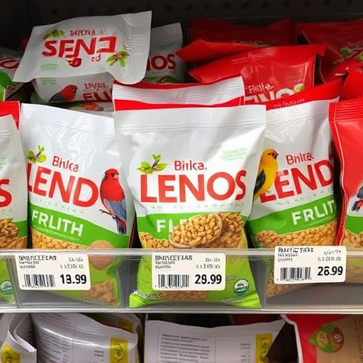 Bird food packets with price labels