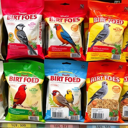 Bird food packets with price labels