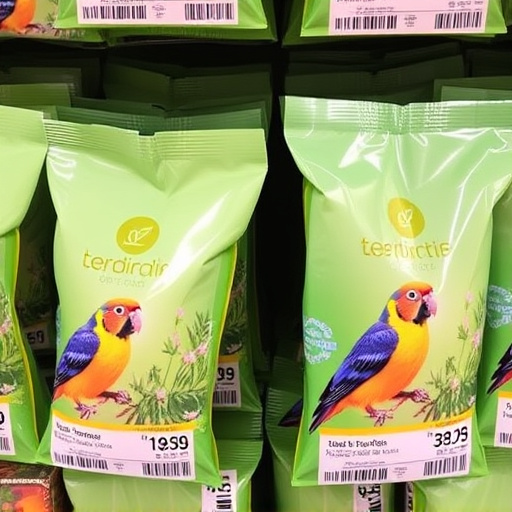 Bird food packets with price labels