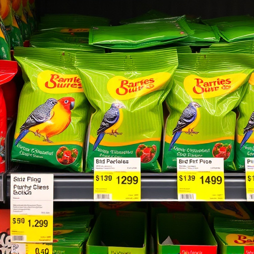 Bird food packets with price labels