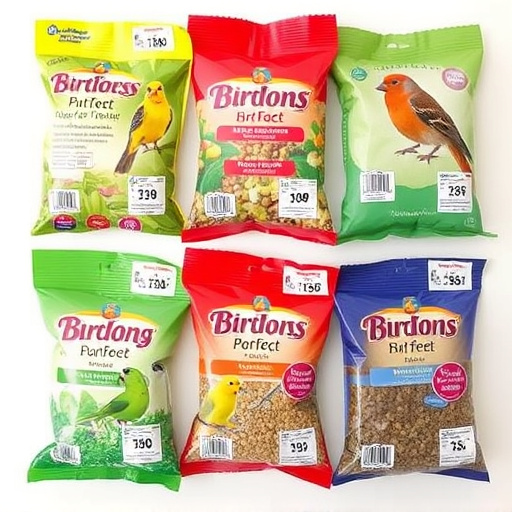 Bird food packets with price labels