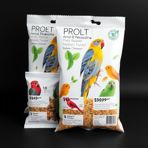 Bird food packets with price labels
