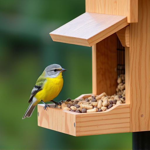 Bird food pellets in wooden feeder