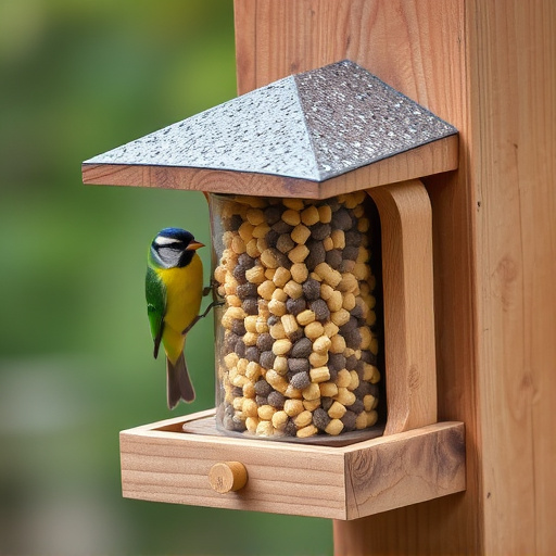 Bird food pellets in wooden feeder