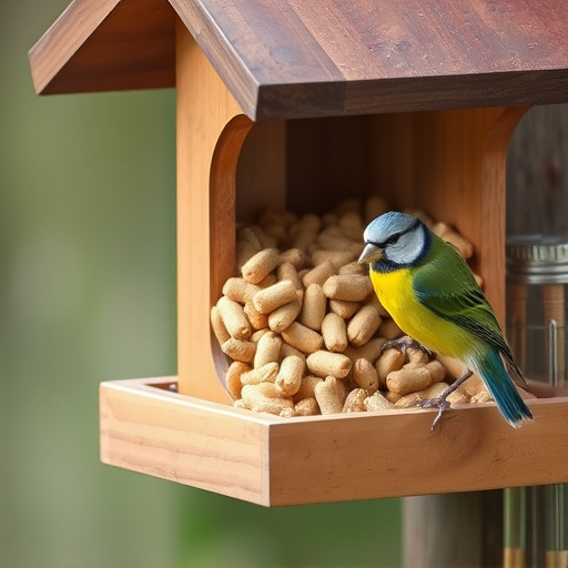 Bird food pellets in wooden feeder