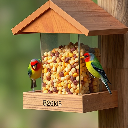 Bird food pellets in wooden feeder