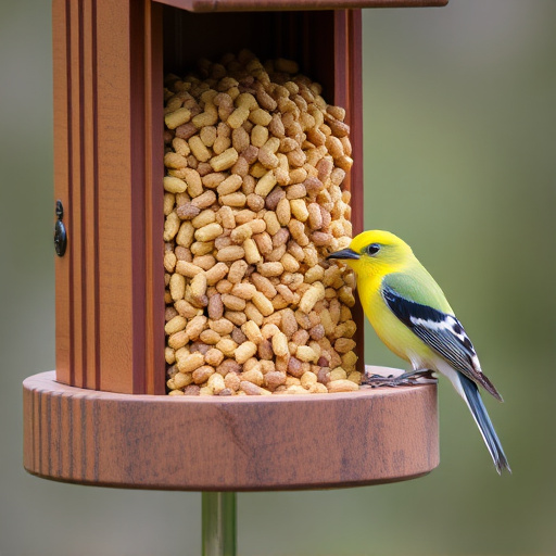 Bird food pellets in wooden feeder
