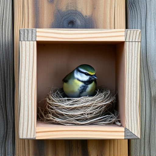 Bird nesting inside cozy wooden box
