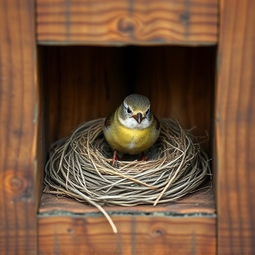 Bird nesting inside cozy wooden box