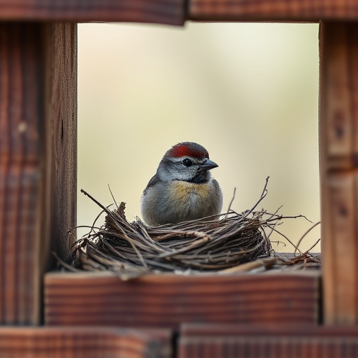 Bird nesting inside cozy wooden box