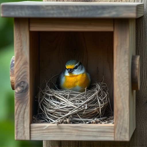 Bird nesting inside cozy wooden box