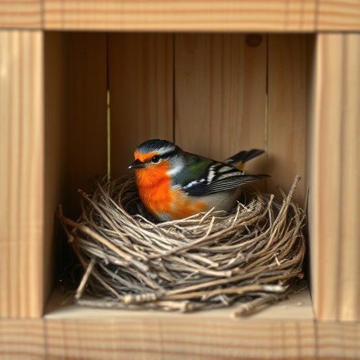 Bird nesting inside cozy wooden box