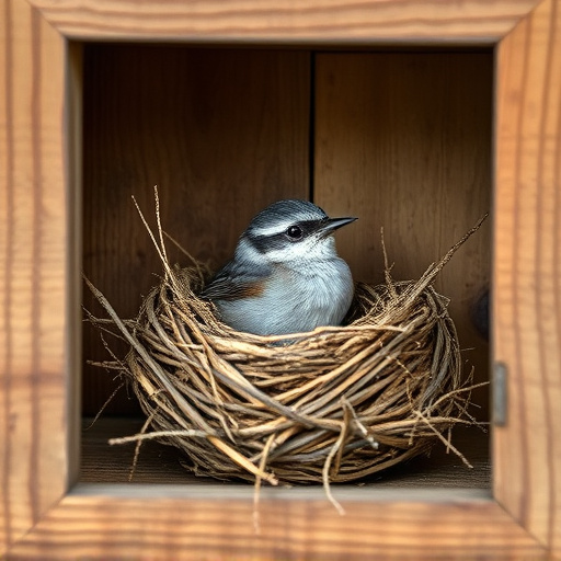 Bird nesting inside cozy wooden box