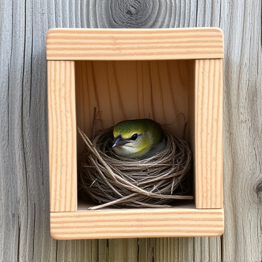 Bird nesting inside cozy wooden box