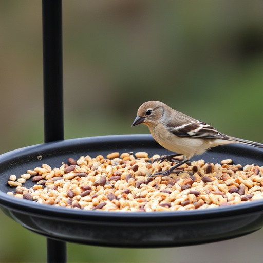 Bird seed scattered on feeder tray