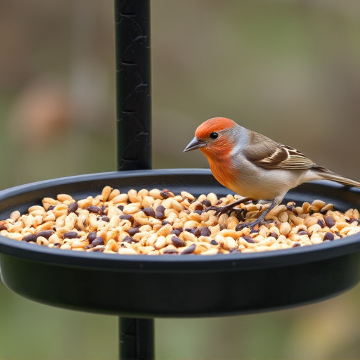 Bird seed scattered on feeder tray