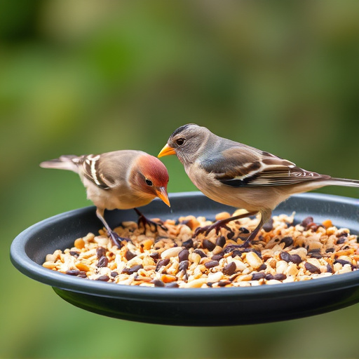 Bird seed scattered on feeder tray