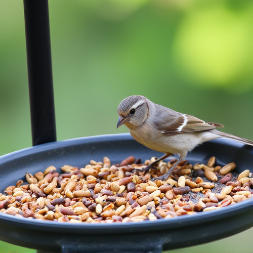Bird seed scattered on feeder tray