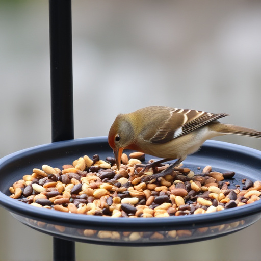 Bird seed scattered on feeder tray