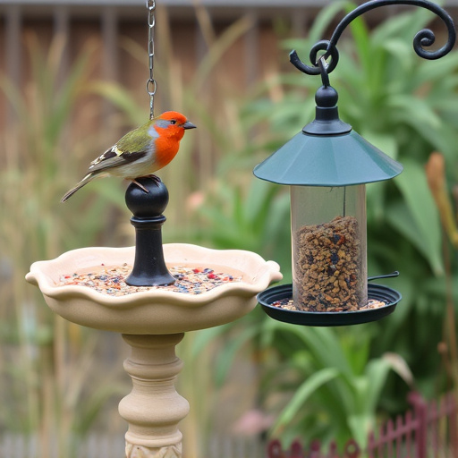 Birdbath beside feeder with seed mix